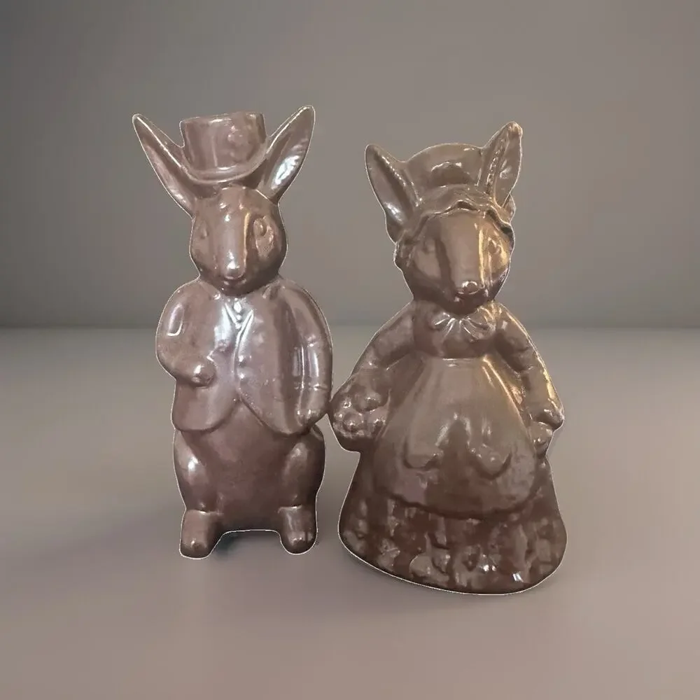 Mr. & Mrs Bunny Brown Faux Chocolate Easter Bunnies Rabbits Ceramic Figurines 7”